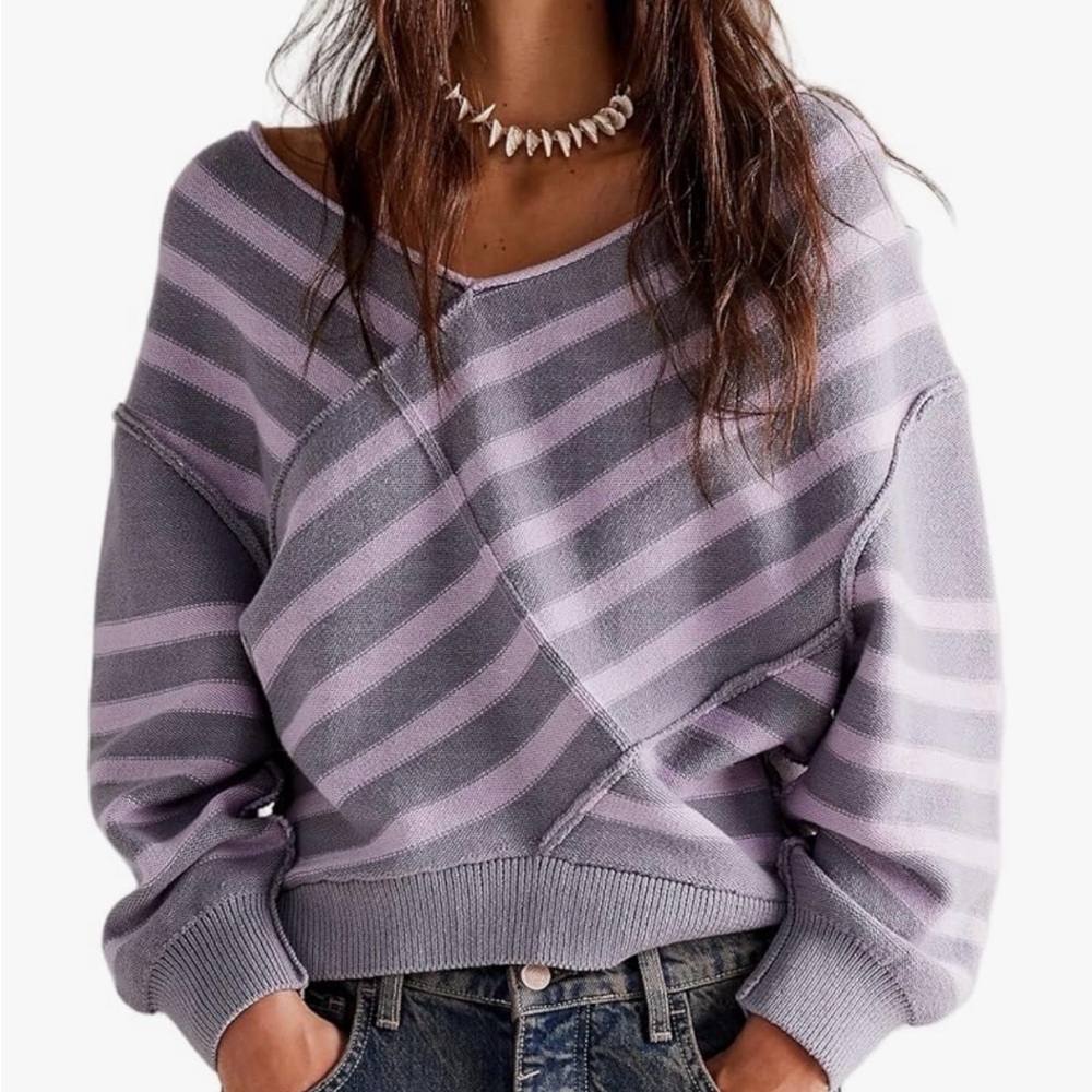 Free People Lavender and Light Gray Striped Off-the-Shoulder Sweater